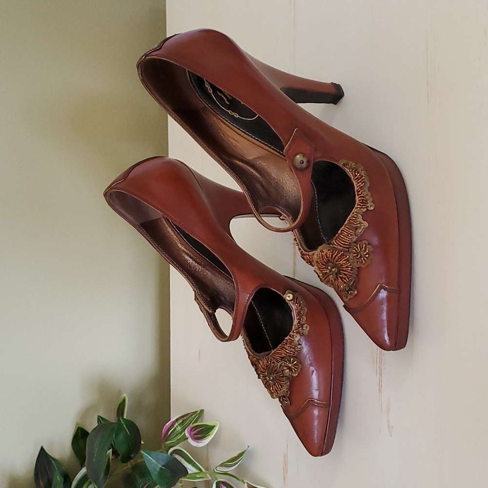 Prada | Brown Leather Mary-Jane Pumps with Beading Detail Sz 37